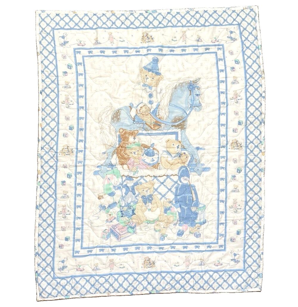 Vintage Baby Crib Quilt Blue Rocking Horse Teddy Bears Toys Reversible Nursery